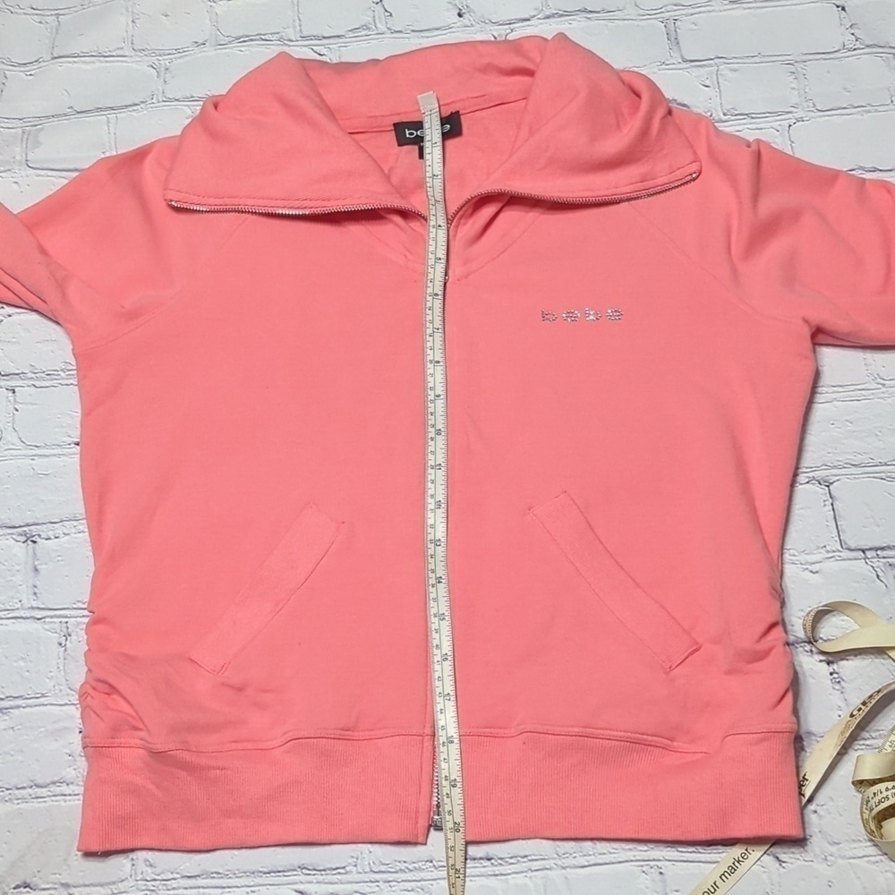 Bebe Womens Sweatshirt Vintage Y2K 90s Full Zip‎ Rhinestone Logo Pink Medium - Picture 12 of 16